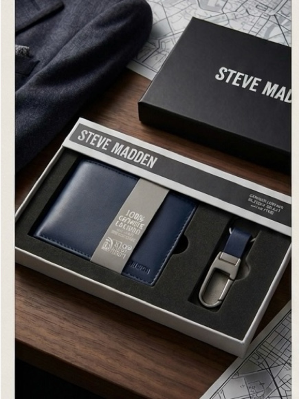 Steve Madden Navy Blue Leather Wallet and Key Holder Set with box NEW